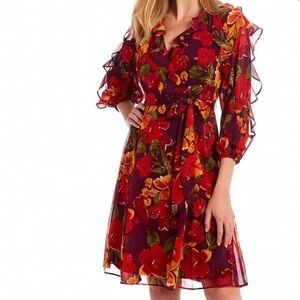Floral Ruffle Sleeve Dress - Red and Orange